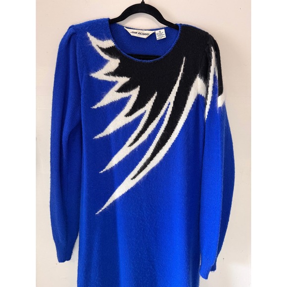 Vintage John Richard Sweater Dress Size M Blue Graphic Intarsia Angora Glam Bold - Picture 2 of 9